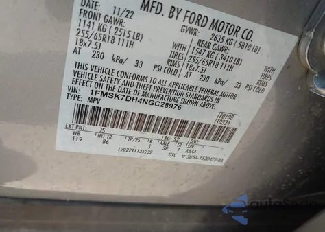 2022 Ford Explorer Xlt from USA, damaged, VIN 1FMSK7DH4NGC28976